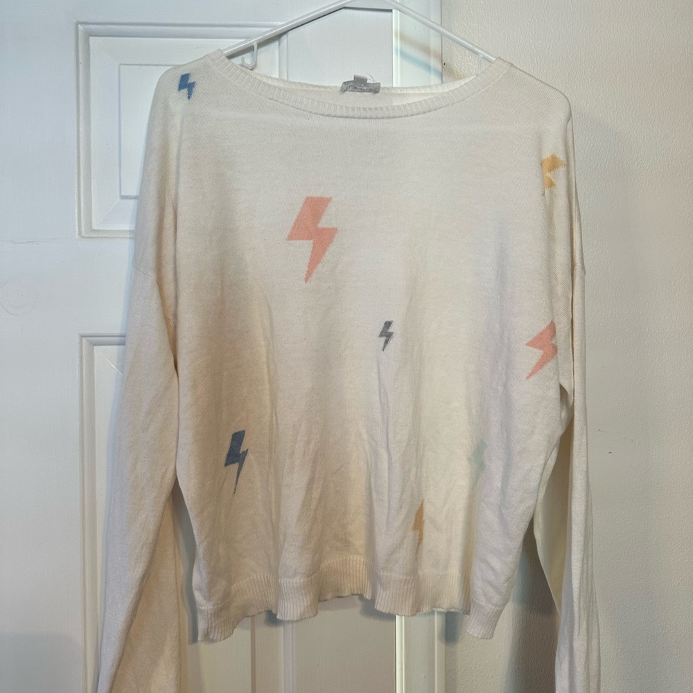 Lelis Lightning Bolt Sweater, Cream and colorful, size medium